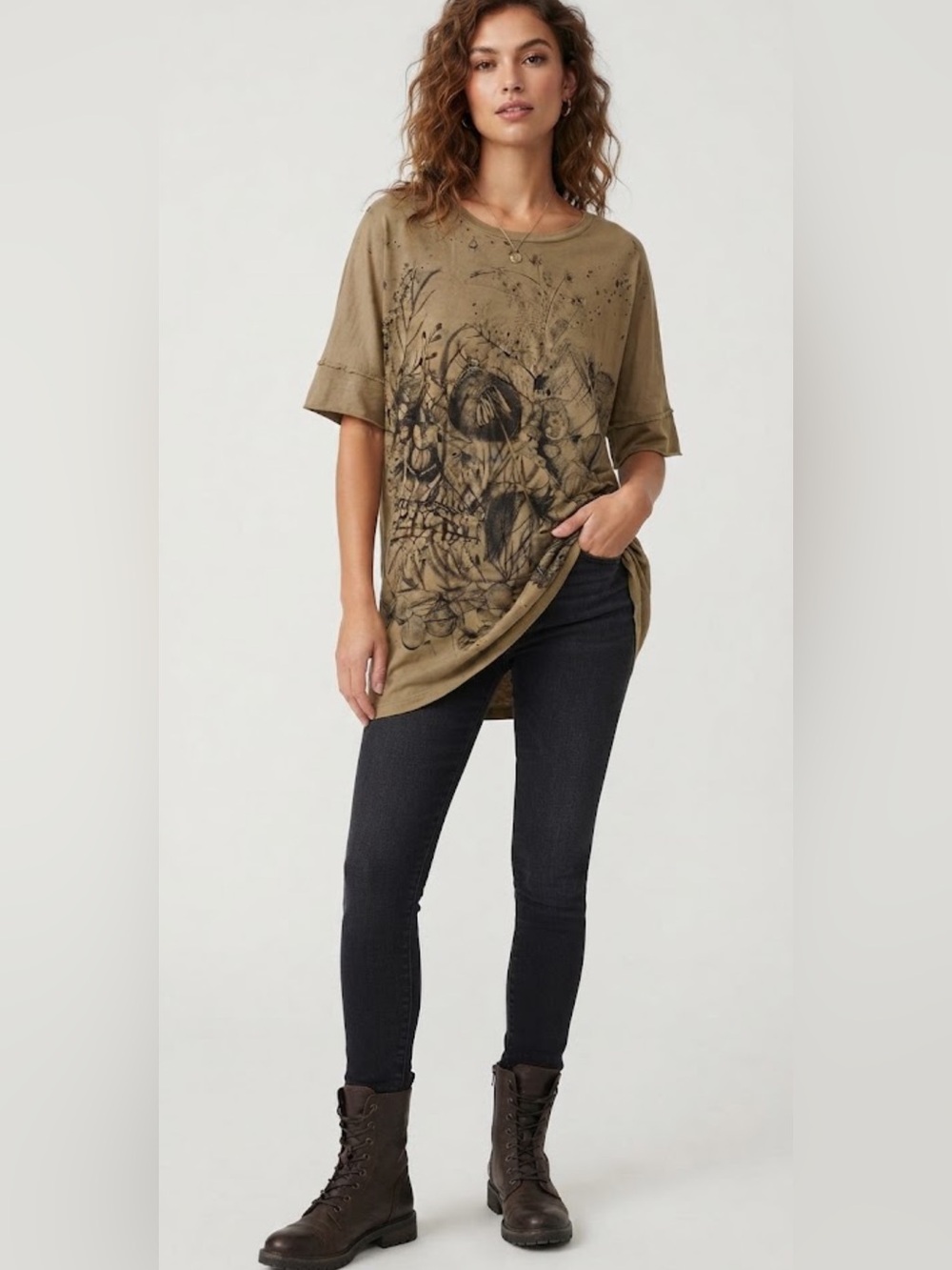 Oversized Tan Floral Graphic Tunic Top